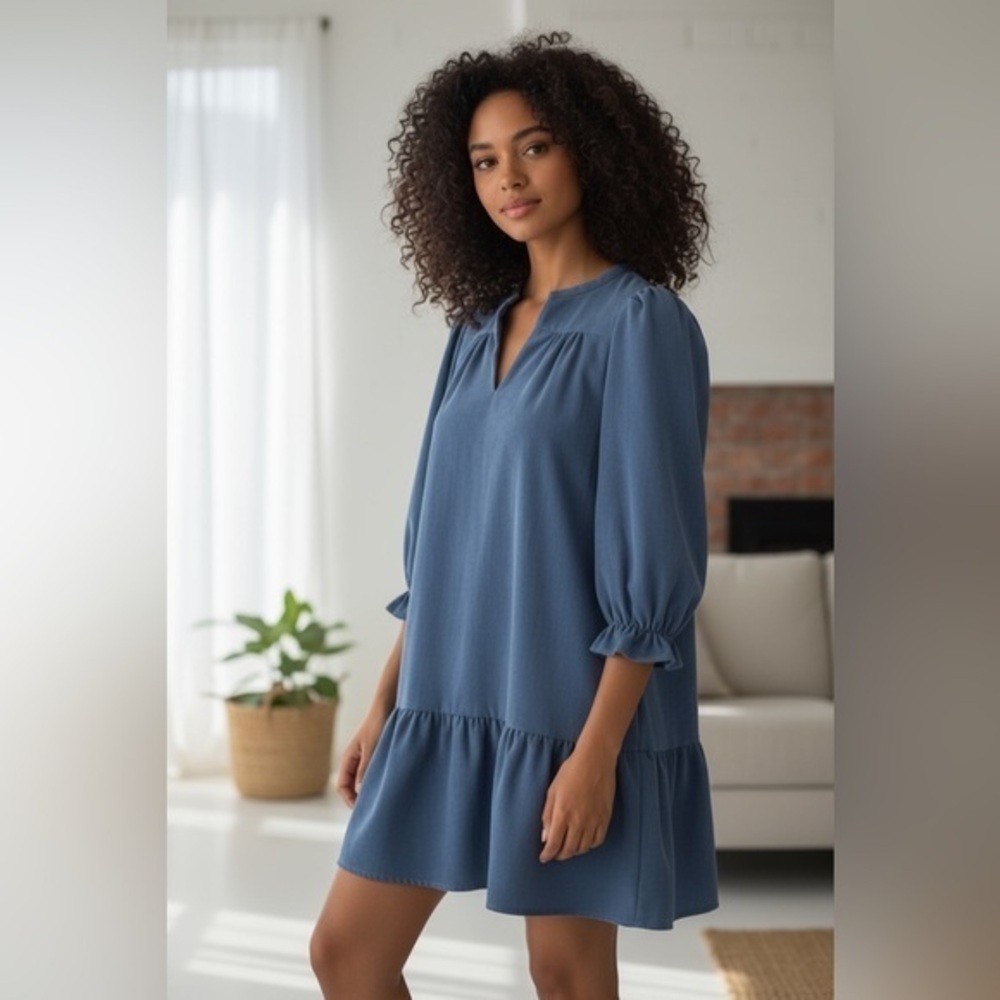 Joy Joy Cotton Blue Long Sleeve Mini Dress